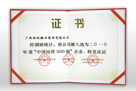中國民營企業500強證書